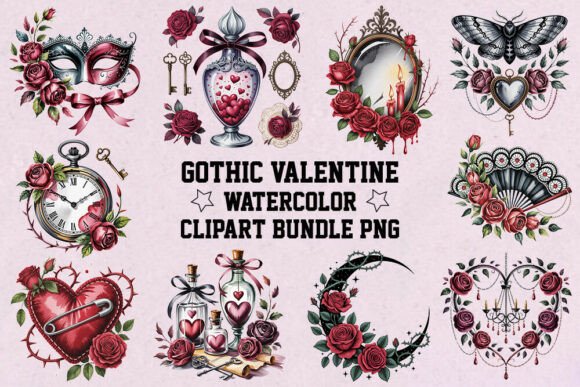 Download Gothic Valentine Watercolor Clipart Bund - Valentine watercolor Collection
